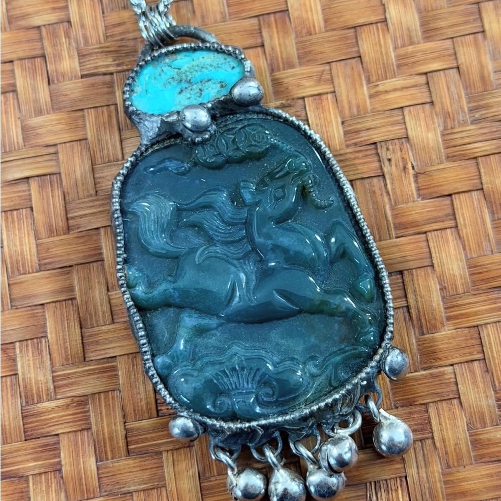 Turquoise and carved stone Pendant Necklace